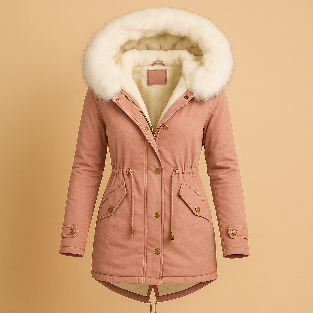 Long winter coat with faux fur hood for women | Meredith