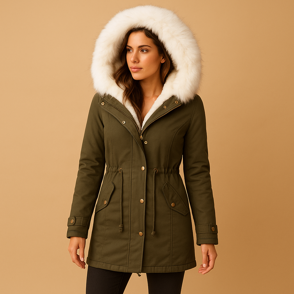 Long winter coat with faux fur hood for women | Meredith