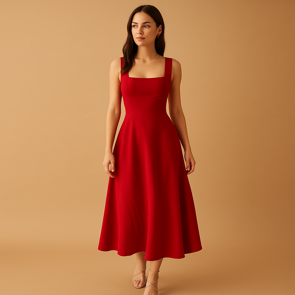 Midi dress with square neckline and waist tie for women | Yinthe