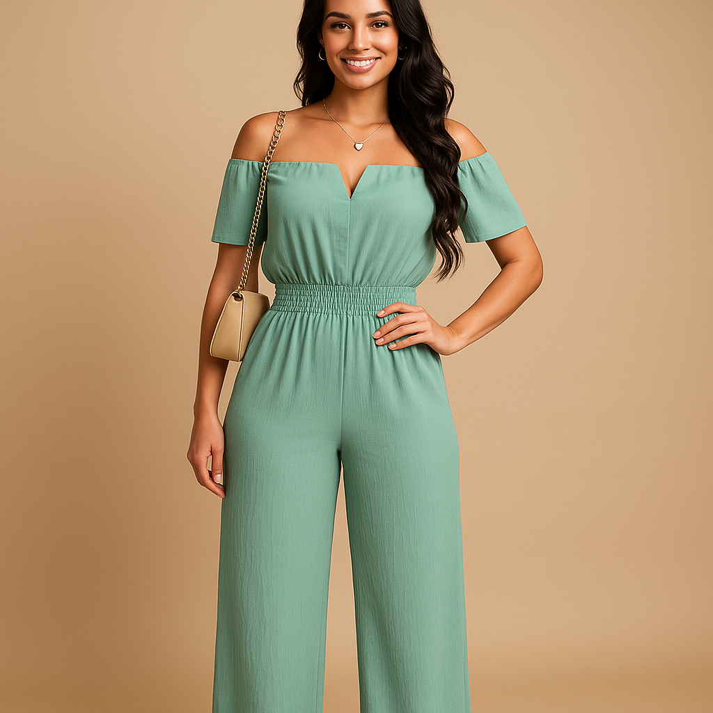 Off-shoulder jumpsuit with pleated details for women | Eliza