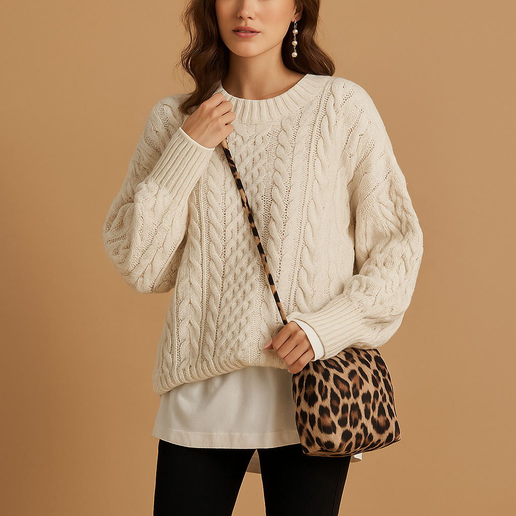 Oversized cable knit sweater with crew neck for women | Selina