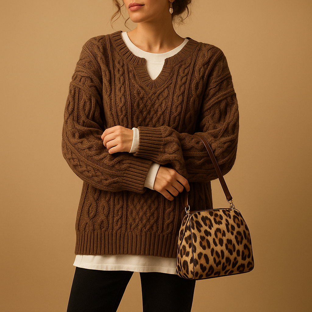 Oversized cable knit sweater with crew neck for women | Selina