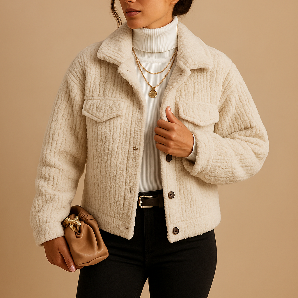 Oversized soft-touch jacket with pearl buttons for women | Urielle