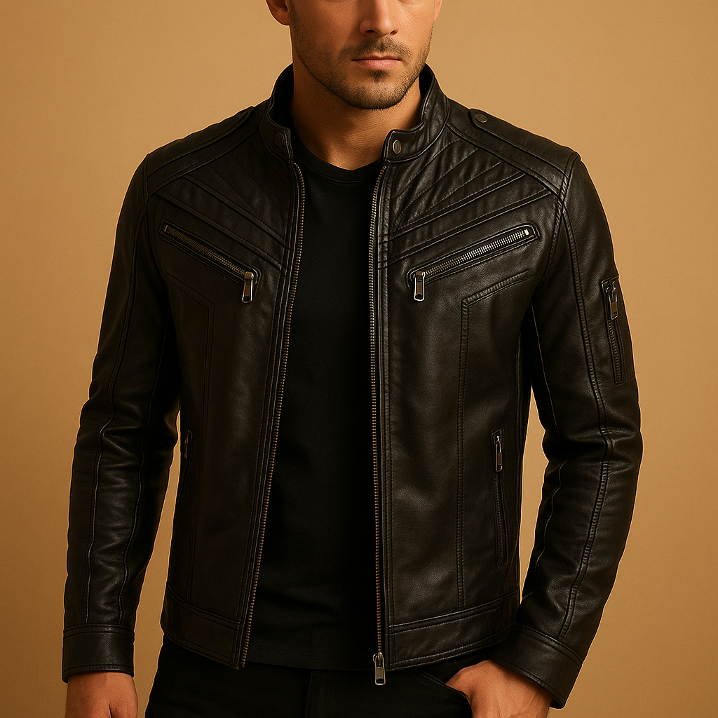 Padded leather jacket with stand collar for men | Franklin