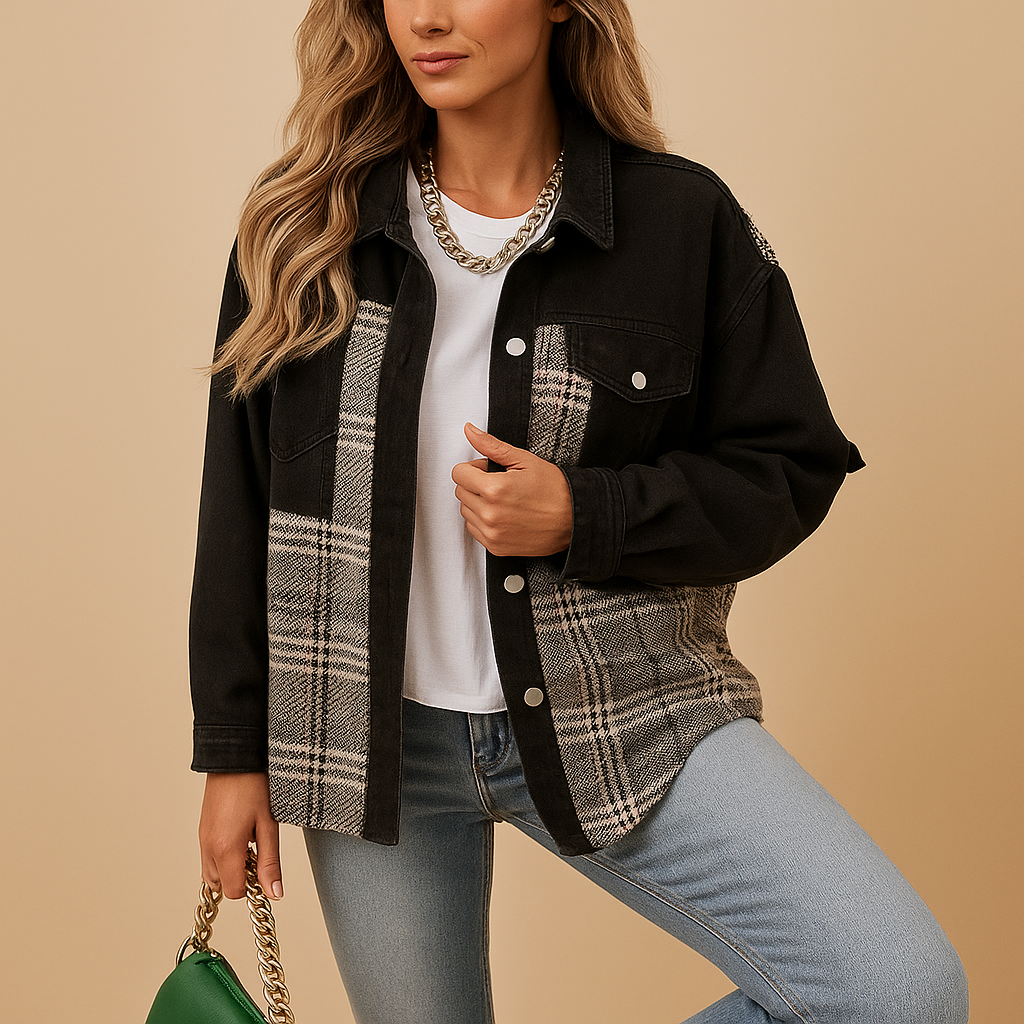Plaid denim-style jacket with loose fit for women | Harper