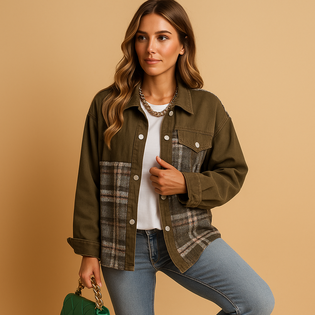 Plaid denim-style jacket with loose fit for women | Harper