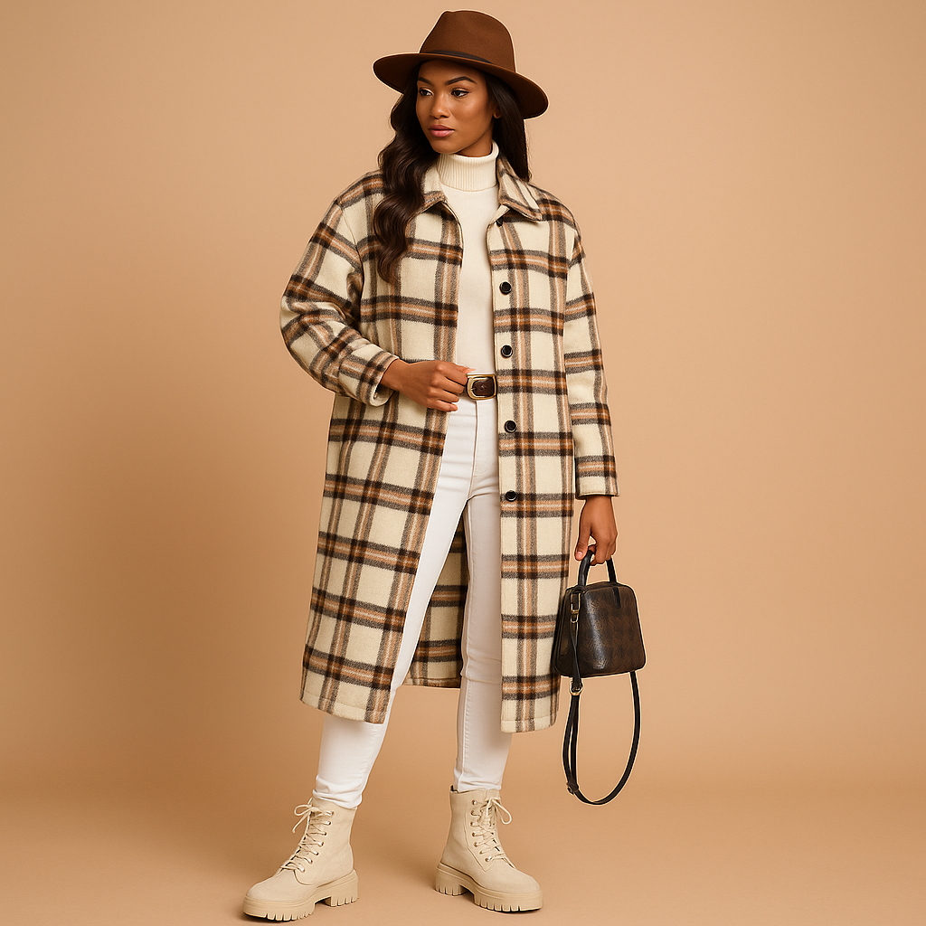 Plaid wool-look long coat for women | Aoife