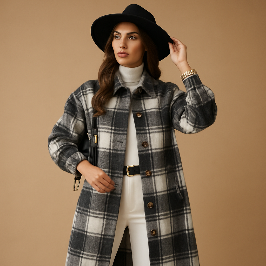 Plaid wool-look long coat for women | Aoife