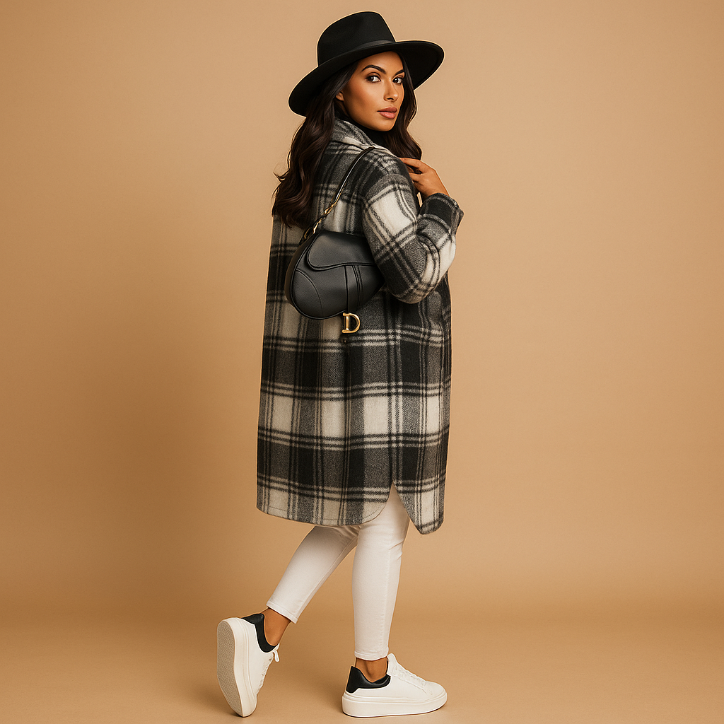 Plaid wool-look long coat for women | Aoife