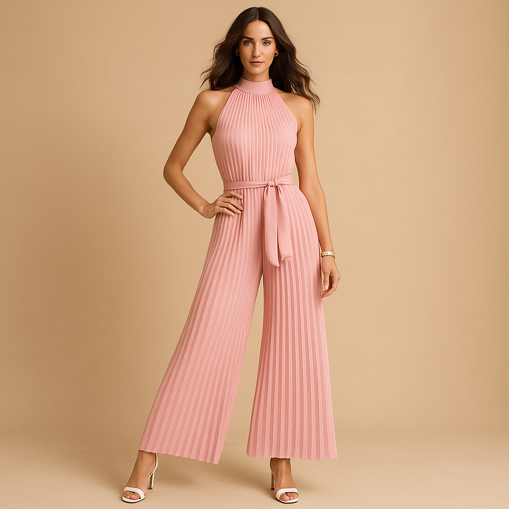 Pleated high-neck jumpsuit with wide legs for women | Hazel