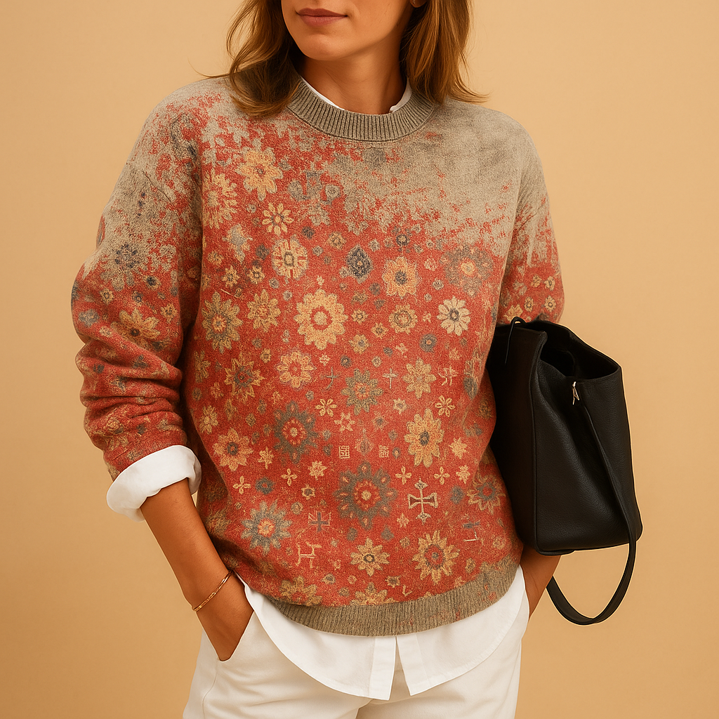 Printed knit sweater with round neck for women | Febe
