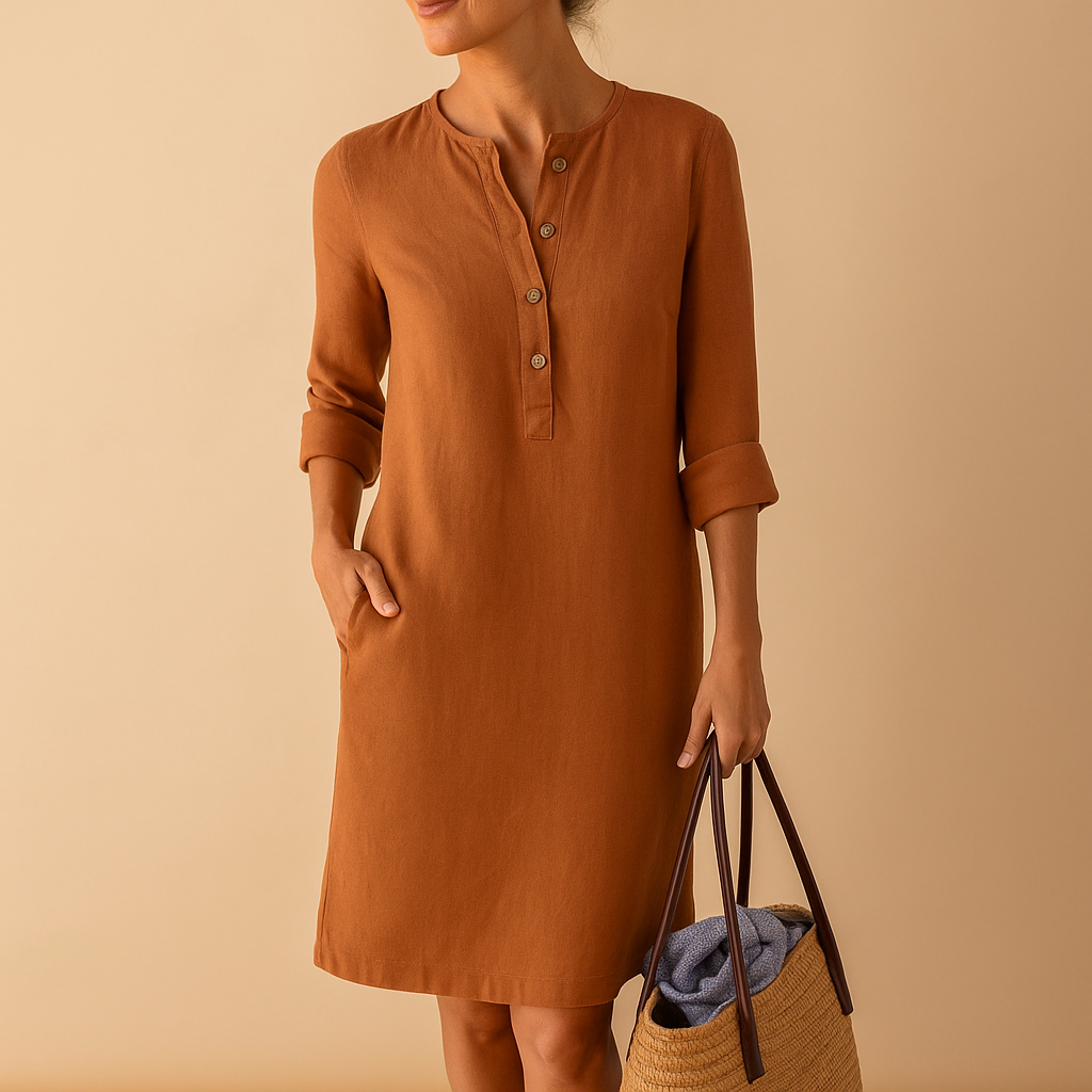 Relaxed button-down long casual dress with pockets for women | Hazel