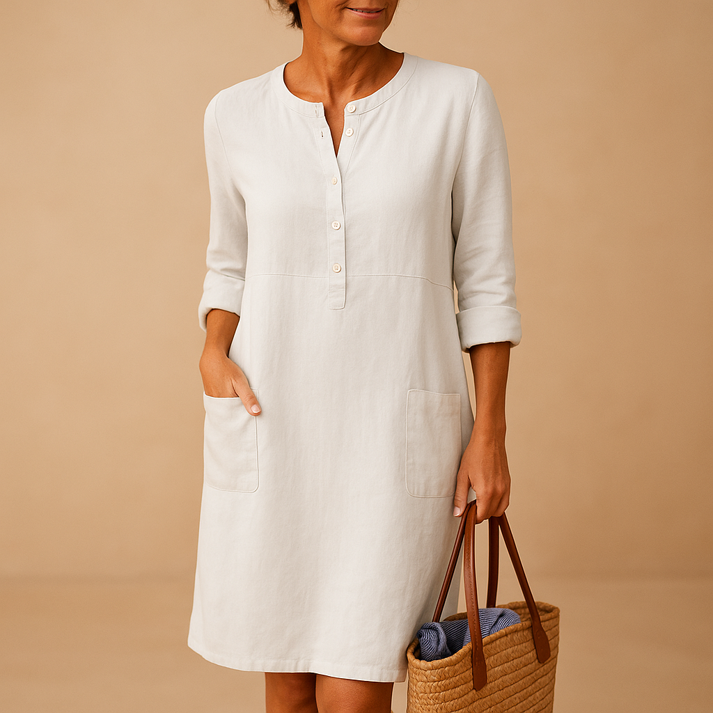 Relaxed button-down long casual dress with pockets for women | Hazel