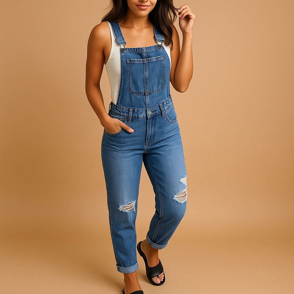 Ripped denim overall with adjustable straps for women | Mila