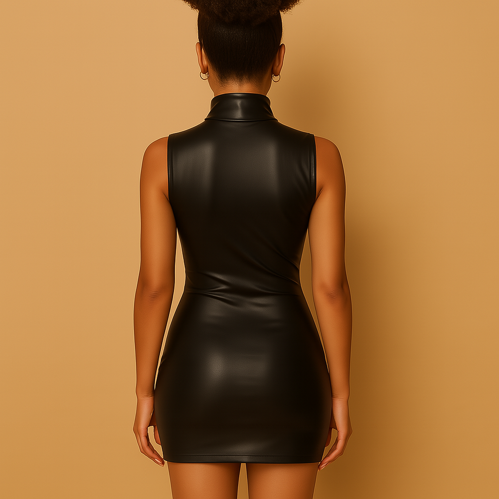 Sleeveless faux leather mini dress with high neck for women | Jolene