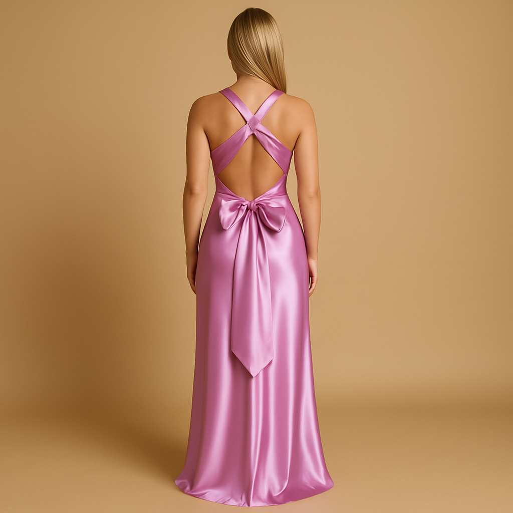 Sleeveless satin halter evening dress for women | Giselle