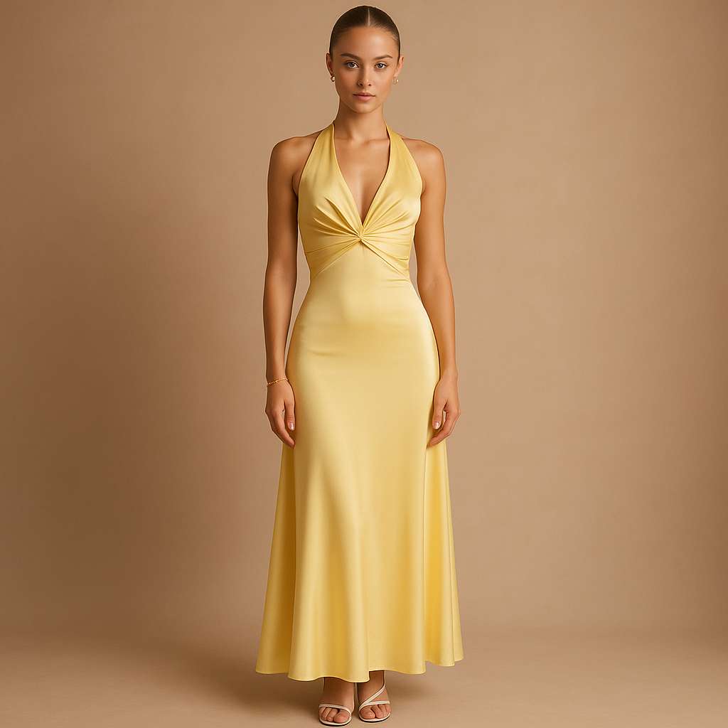 Sleeveless satin halter evening dress for women | Giselle
