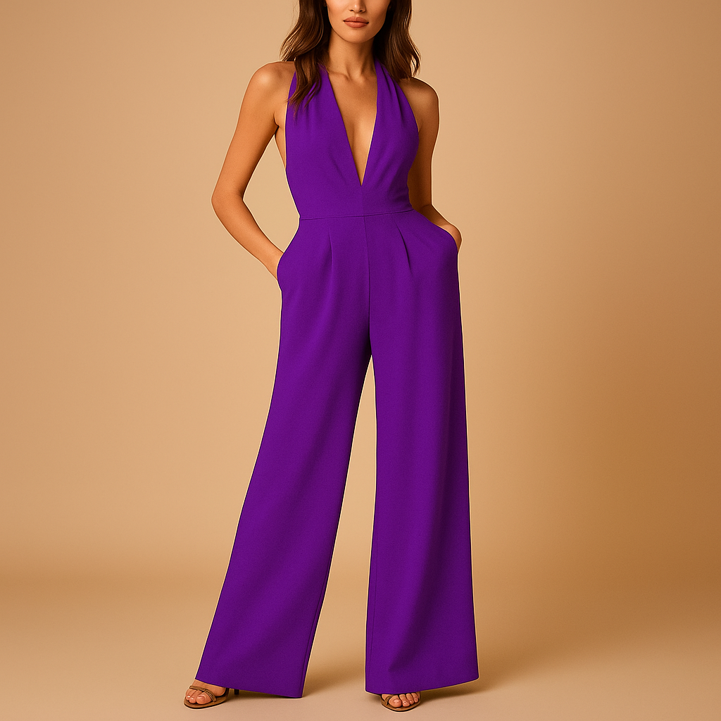 Sleeveless wide-leg jumpsuit with deep V-neck for women | Tessa