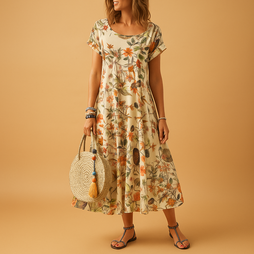 Vintage floral summer dress with boat neckline for women | Daphne