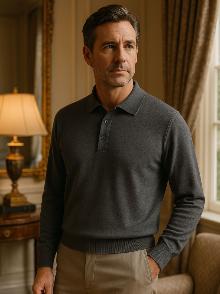 Wool Knit Button Up Polo Pullover for Men