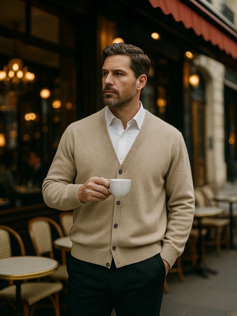 100% Merino Wool V Neck Knitwear Cardigan Sweater for Men