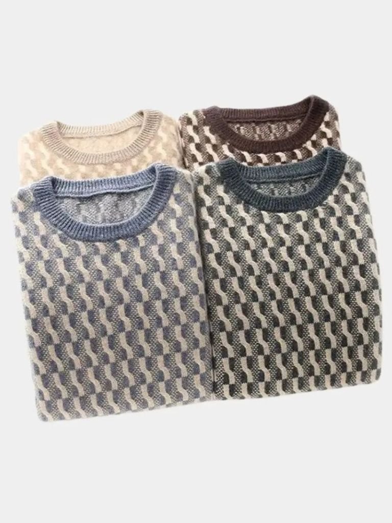 100% Wool Geometric Crew Neck Pullover Sweater for Men