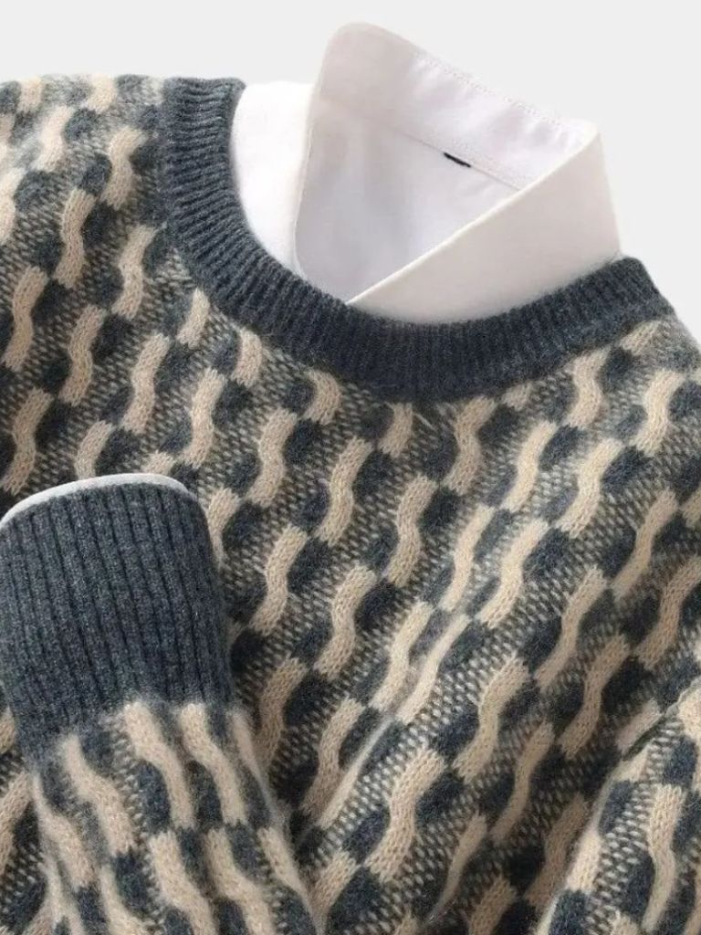 100% Wool Geometric Crew Neck Pullover Sweater for Men