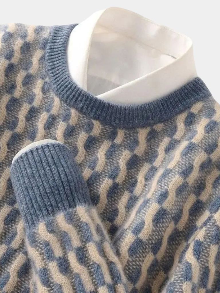 100% Wool Geometric Crew Neck Pullover Sweater for Men
