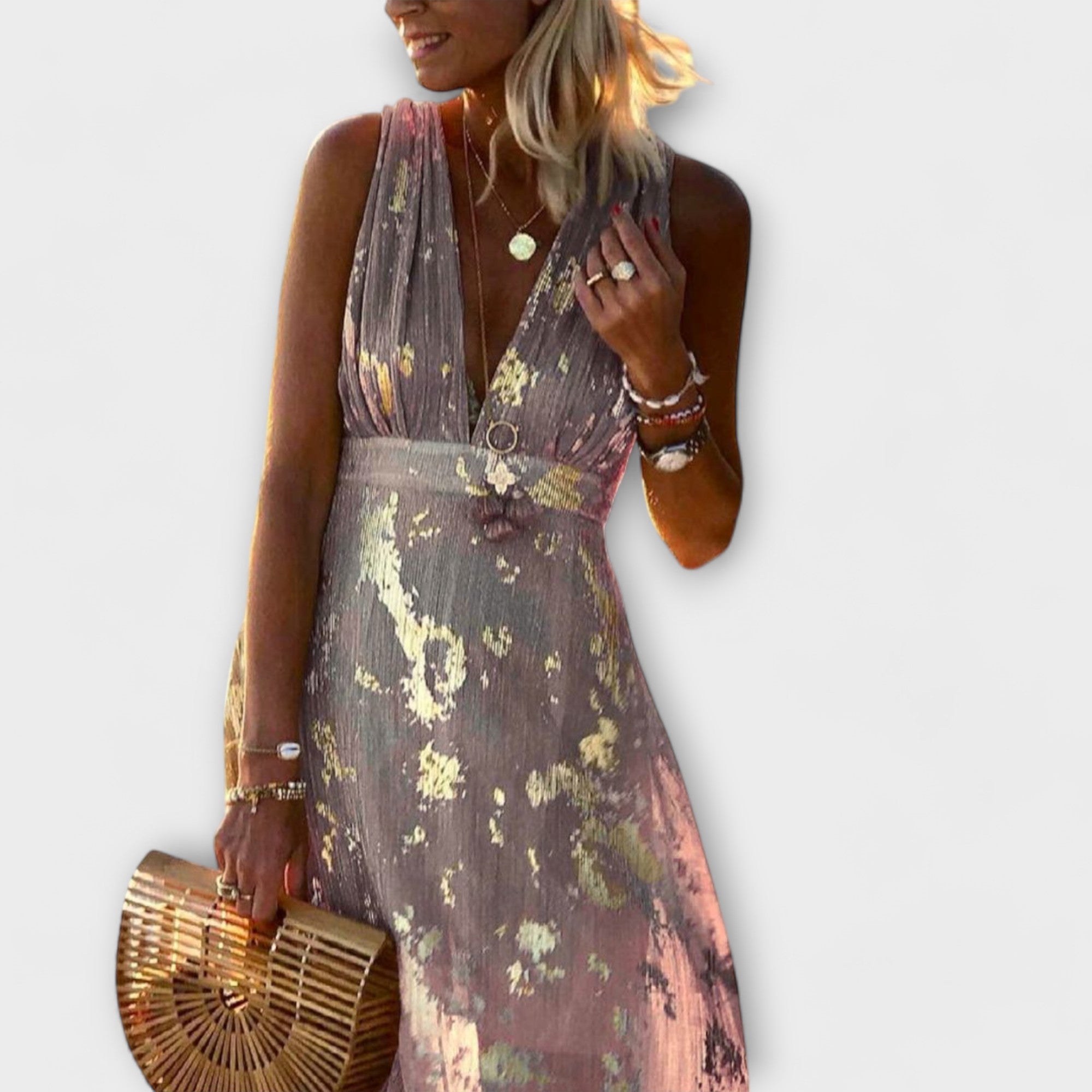 Flowing Dress with V-Neck and Sequin Details