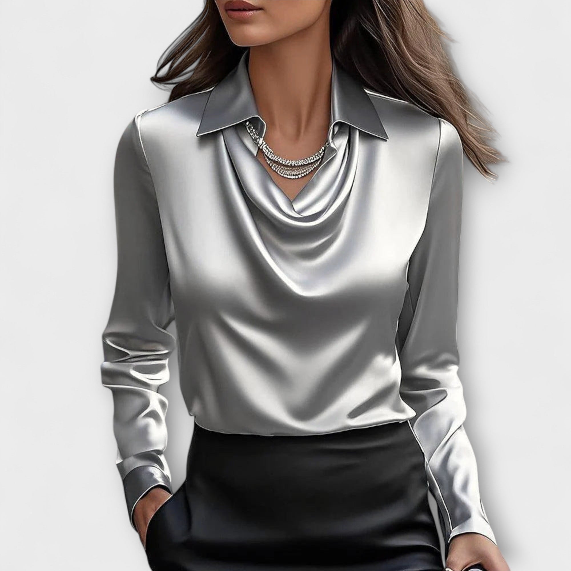 Shiny Blouse with Ruffled Collar