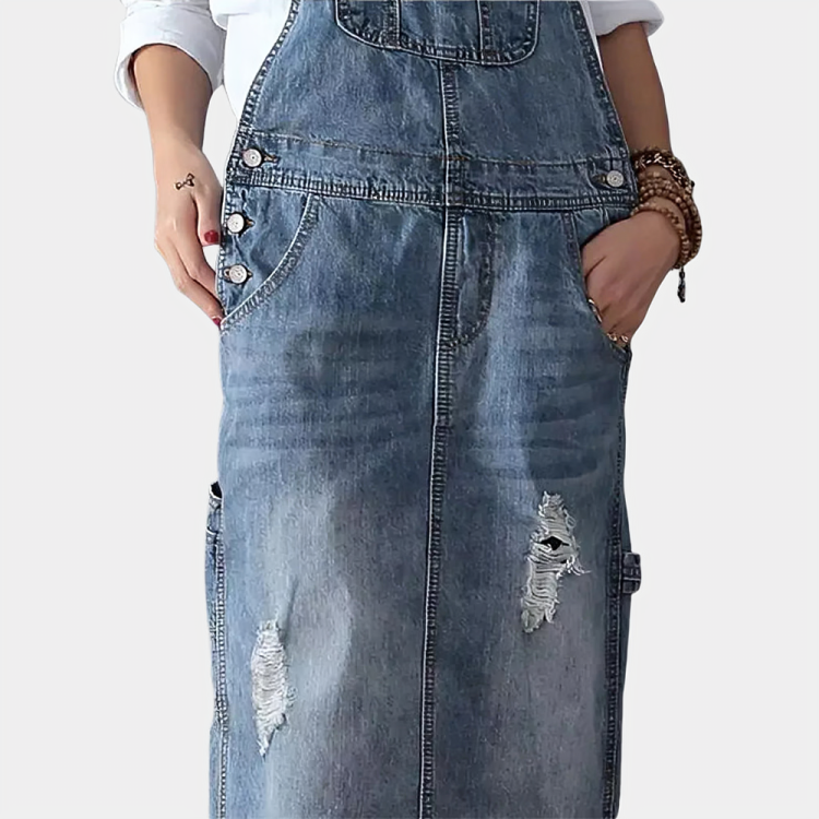 Back Slit Distressed Denim Overalls Dress