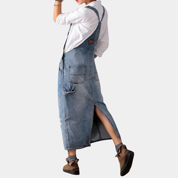Back Slit Distressed Denim Overalls Dress