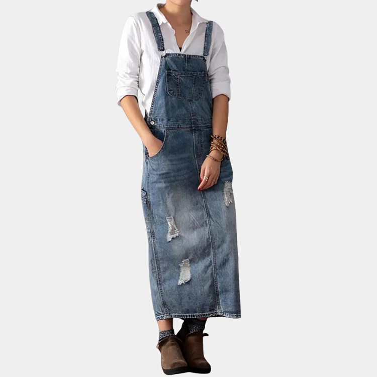 Back Slit Distressed Denim Overalls Dress