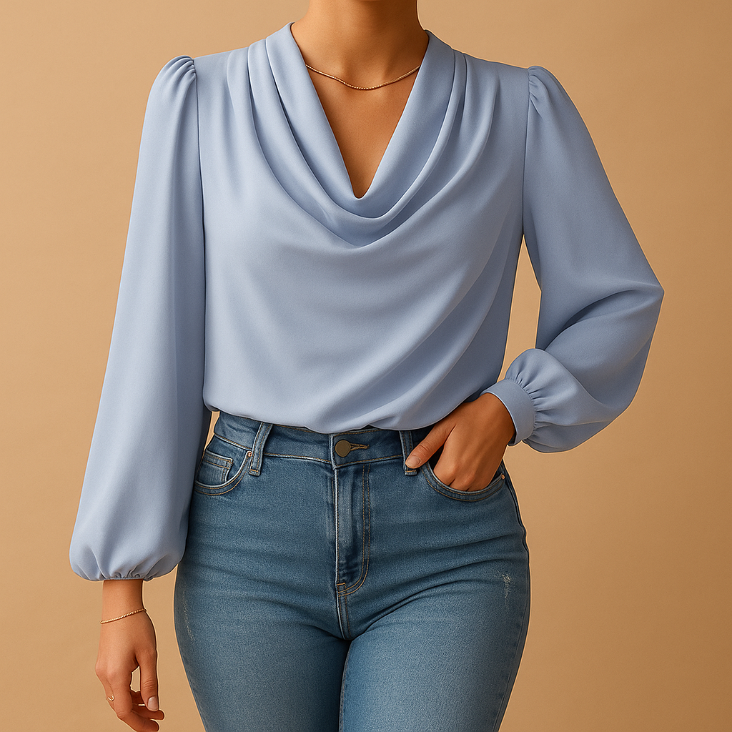 Chiffon V-neck blouse with puff sleeves for women | Eliza