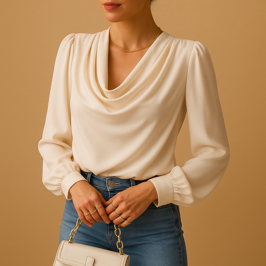 Chiffon V-neck blouse with puff sleeves for women | Eliza