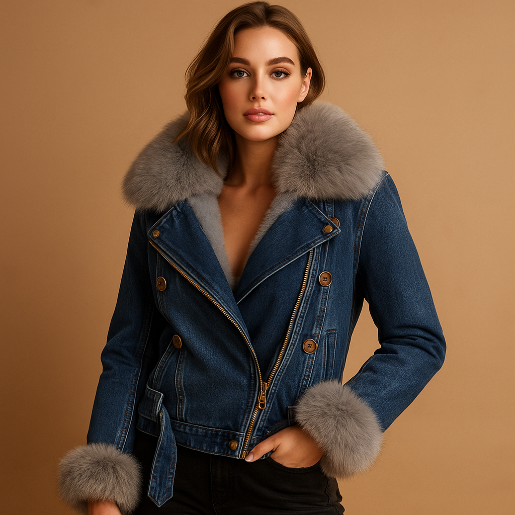 Cropped denim winter jacket with soft faux fur for women | Clara