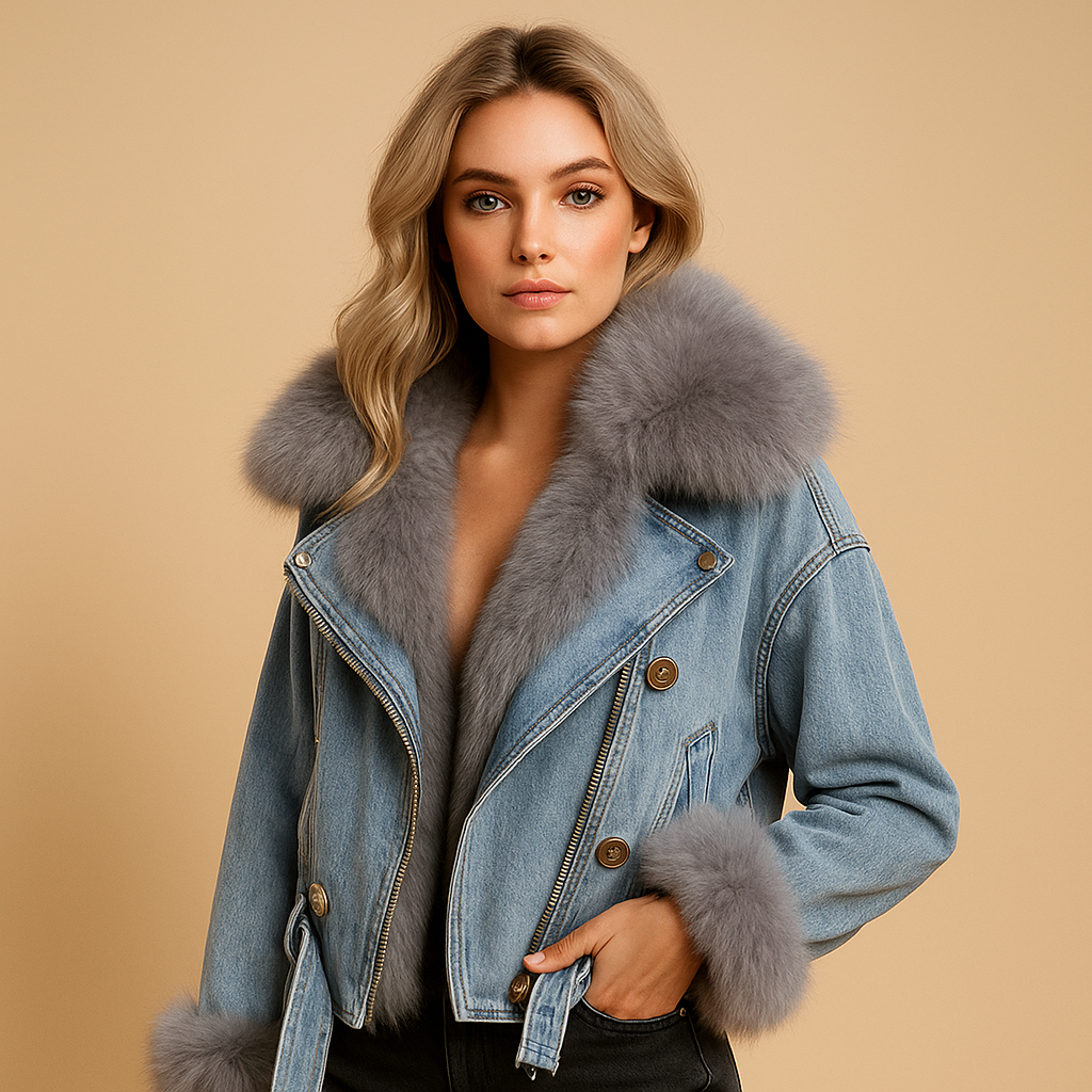 Cropped denim winter jacket with soft faux fur for women | Clara