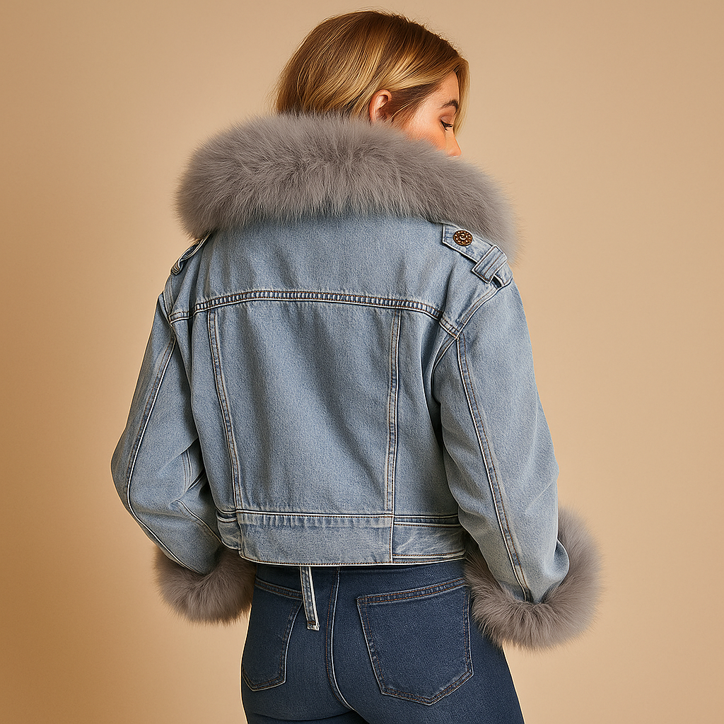 Cropped denim winter jacket with soft faux fur for women | Clara