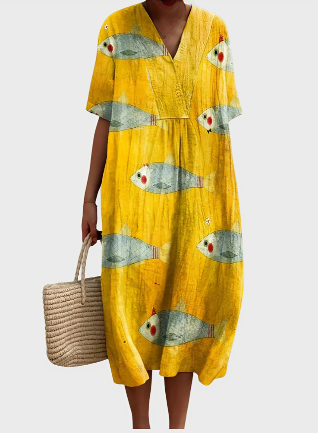 Art Cotton-Linen Dress with Fish Print