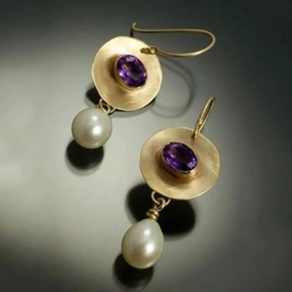 Vintage Gold Earrings with Purple Zirconia and Pearl