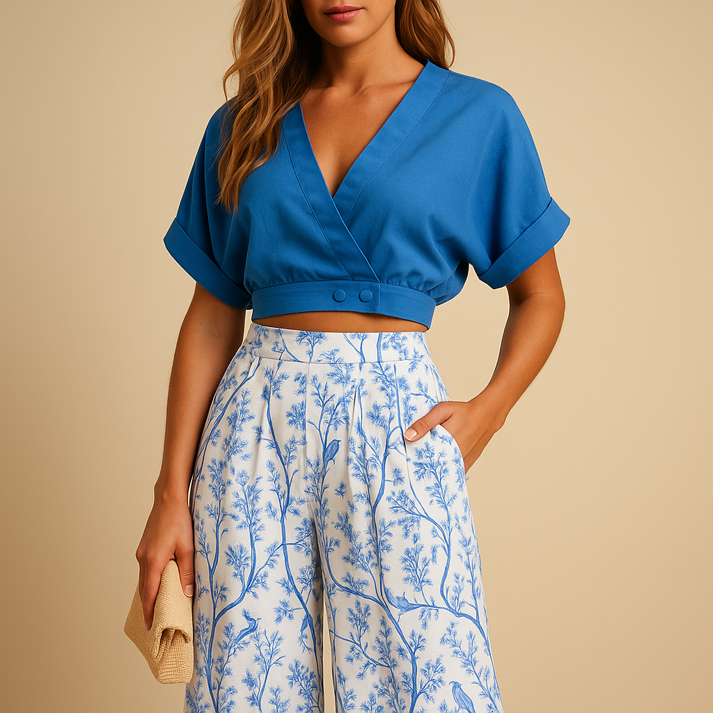 Floral summer top and wide-leg trouser set for women | Naleya