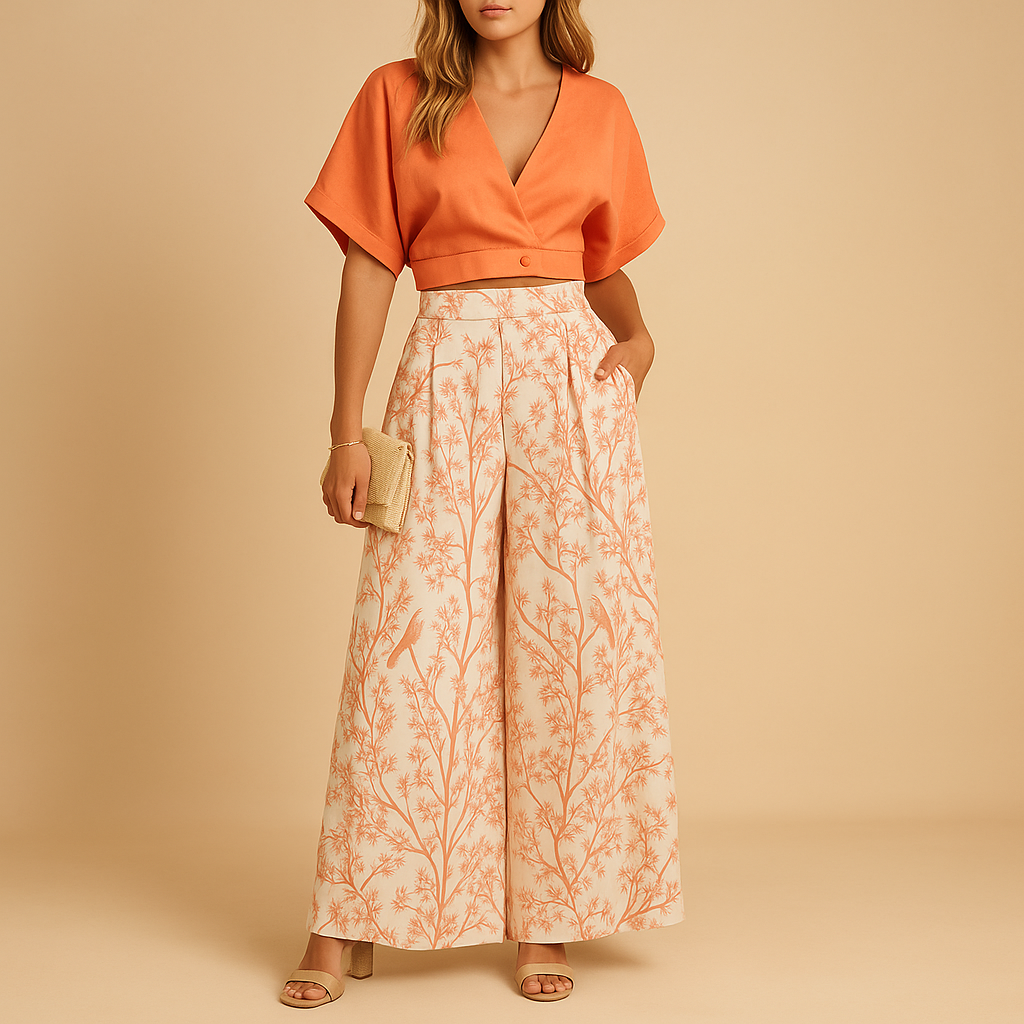 Floral summer top and wide-leg trouser set for women | Naleya