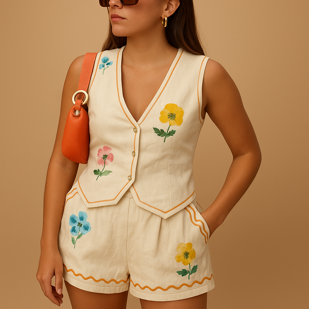 Printed loungewear set with short and collar shirt for women | Isla