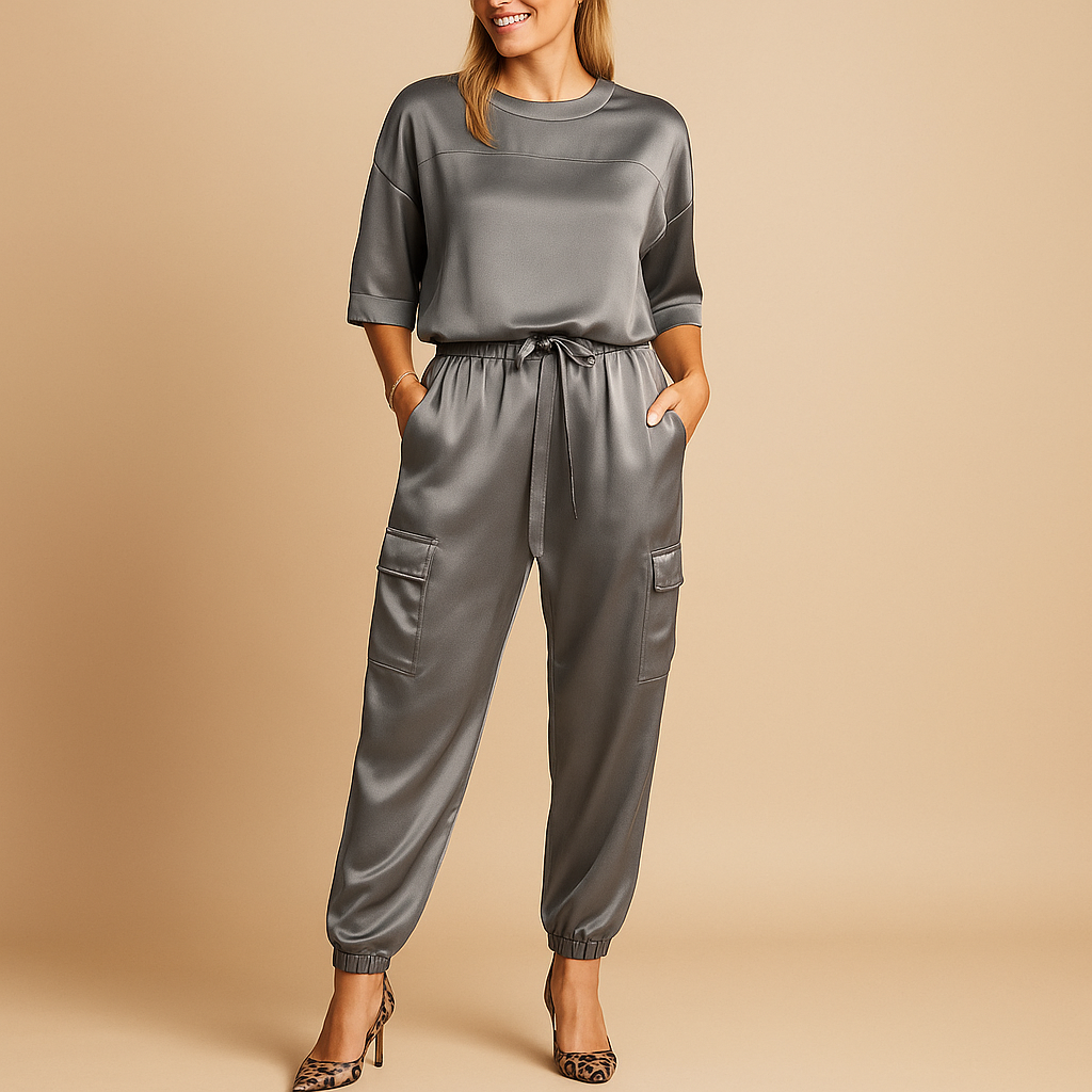 Satin top and straight-leg trouser set for women | Amira