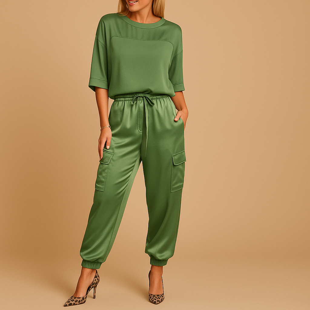 Satin top and straight-leg trouser set for women | Amira