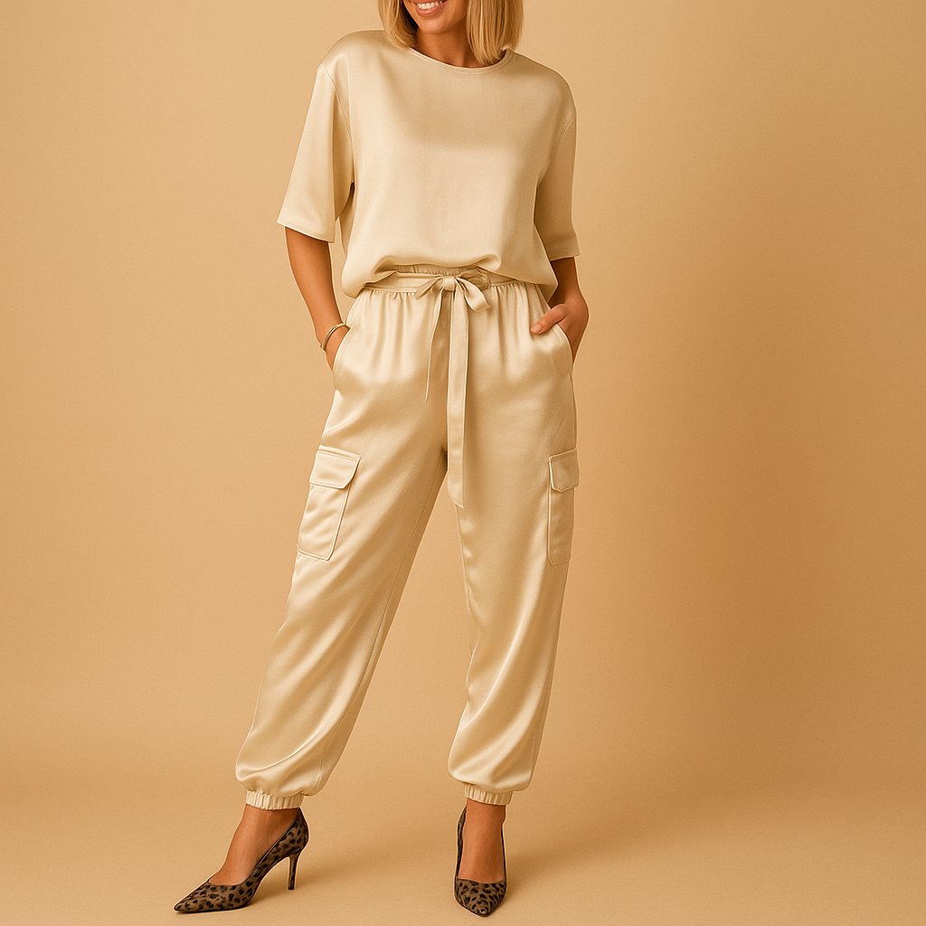 Satin top and straight-leg trouser set for women | Amira
