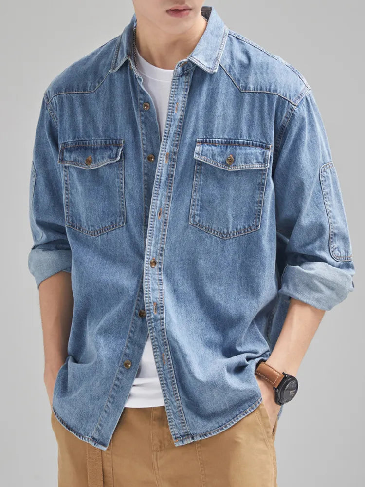 Calvin Casual Buttoned Denim Shirt with Pockets for Men