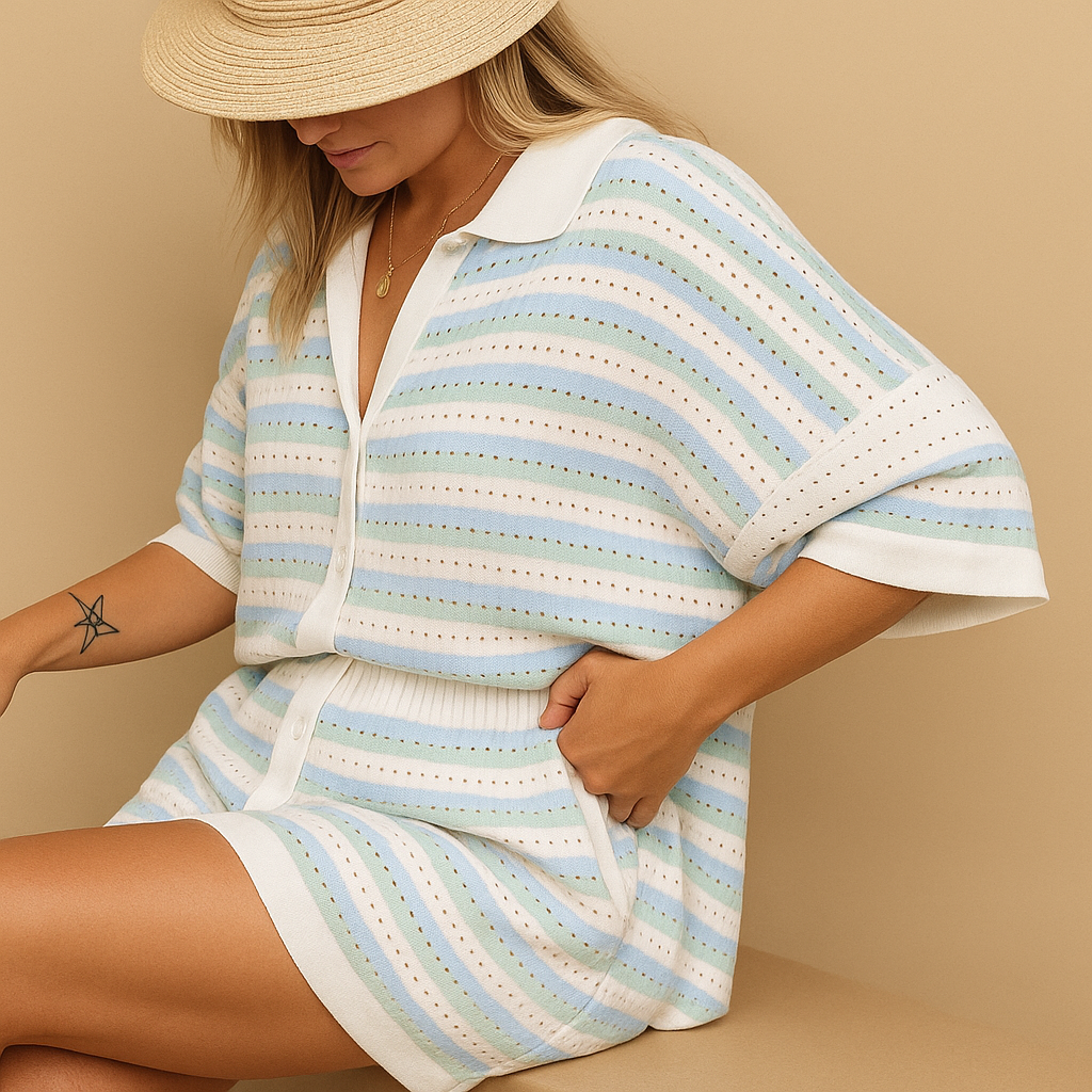Striped blouse and high-waist shorts set for women | Ava
