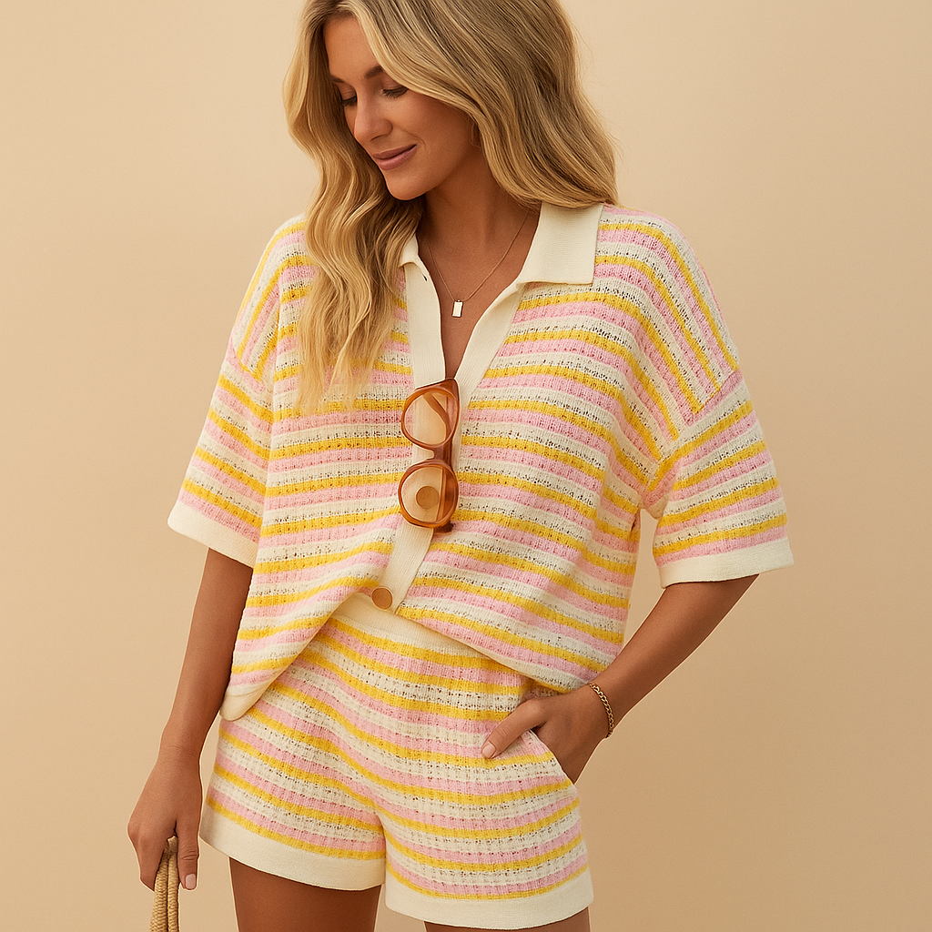 Striped blouse and high-waist shorts set for women | Ava