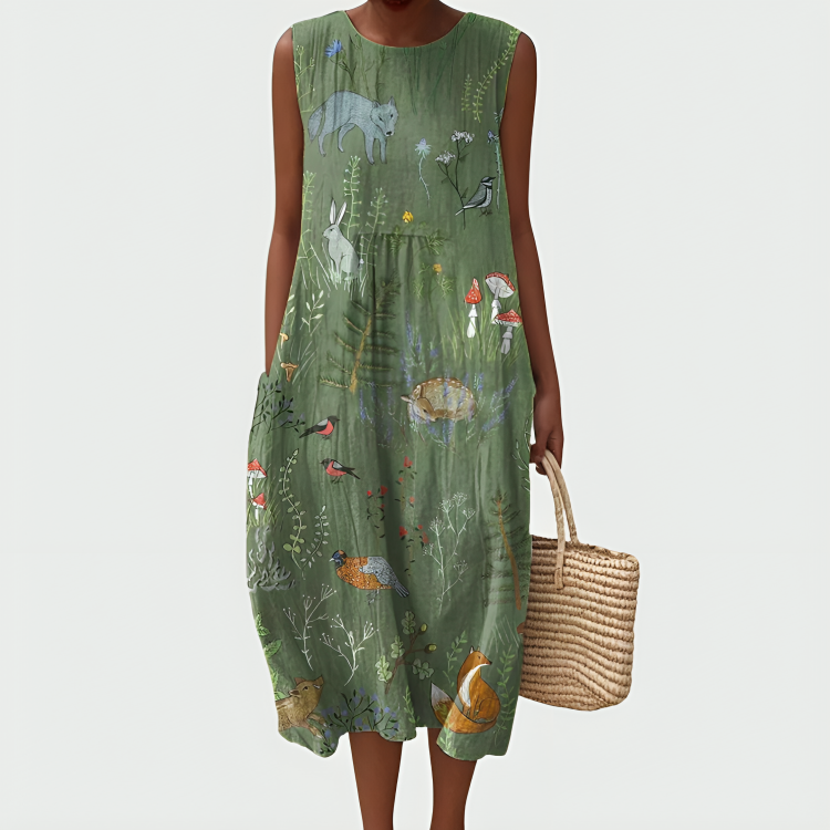 Liora Woodland Animals Print Midi Dress